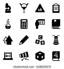 Solid vector icon set - lab vector, bladder, children road sign, clipboard, round flask, calculator, presentation, book, arrow up, pencil, abc cube, pyramid toy, abacus, xylophone