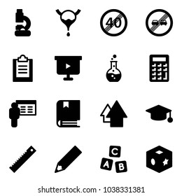 Solid vector icon set - lab vector, bladder, end speed limit road sign, overtake, clipboard, presentation board, round flask, calculator, book, arrow up, graduate hat, ruler, pencil, abc cube, toy