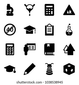 Solid vector icon set - lab vector, bladder, calculator, children road sign, end speed limit, graduate hat, clipboard, round flask, presentation, book, arrow up, pencil, pyramid toy, cube