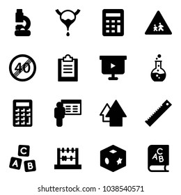 Solid vector icon set - lab vector, bladder, calculator, children road sign, end speed limit, clipboard, presentation board, round flask, arrow up, ruler, abc cube, abacus, toy, book