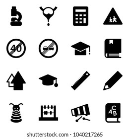 Solid vector icon set - lab vector, bladder, calculator, children road sign, end speed limit, overtake, graduate hat, book, arrow up, ruler, pencil, pyramid toy, abacus, xylophone, abc