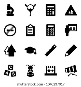 Solid vector icon set - lab vector, bladder, calculator, children road sign, end overtake limit, clipboard, presentation, arrow up, graduate hat, ruler, pencil, abc cube, pyramid toy, abacus