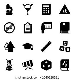 Solid vector icon set - lab vector, bladder, calculator, children road sign, end overtake limit, clipboard, presentation, book, arrow up, graduate hat, ruler, abc cube, pyramid toy, xylophone