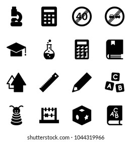 Solid vector icon set - lab vector, calculator, end speed limit road sign, overtake, graduate hat, round flask, book, arrow up, ruler, pencil, abc cube, pyramid toy, abacus