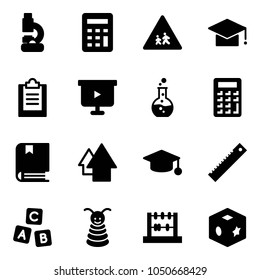 Solid vector icon set - lab vector, calculator, children road sign, graduate hat, clipboard, presentation board, round flask, book, arrow up, ruler, abc cube, pyramid toy, abacus