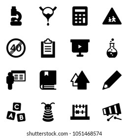 Solid vector icon set - lab vector, bladder, calculator, children road sign, end speed limit, clipboard, presentation board, round flask, book, arrow up, pencil, abc cube, pyramid toy, abacus