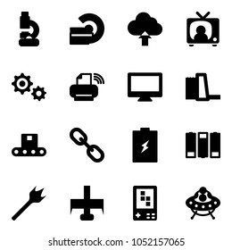 Solid vector icon set - lab vector, mri, upload cloud, tv news, gear, printer wireless, monitor, water power plant, conveyor, link, battery, wood drill, milling cutter, game console, ufo toy