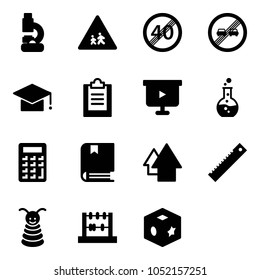 Solid vector icon set - lab vector, children road sign, end speed limit, overtake, graduate hat, clipboard, presentation board, round flask, calculator, book, arrow up, ruler, pyramid toy, abacus