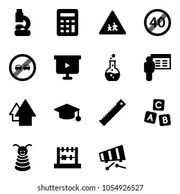 Solid vector icon set - lab vector, calculator, children road sign, end speed limit, overtake, presentation board, round flask, arrow up, graduate hat, ruler, abc cube, pyramid toy, abacus