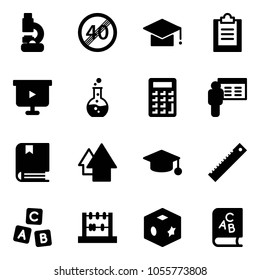 Solid vector icon set - lab vector, end speed limit road sign, graduate hat, clipboard, presentation board, round flask, calculator, book, arrow up, ruler, abc cube, abacus, toy