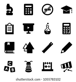 Solid vector icon set - lab vector, calculator, end overtake limit road sign, graduate hat, clipboard, presentation board, round flask, book, arrow up, ruler, pencil, abc cube, pyramid toy, abacus