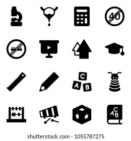 Solid vector icon set - lab vector, bladder, calculator, end speed limit road sign, overtake, presentation board, arrow up, graduate hat, ruler, pencil, abc cube, pyramid toy, abacus, xylophone