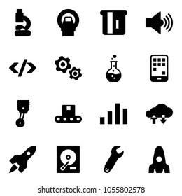 Solid vector icon set - lab vector, mri, atm, volume max, tag code, gears, round flask, mobile, piston, conveyor, chart, cloud exchange data, rocket, hdd, wrench