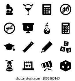 Solid vector icon set - lab vector, bladder, calculator, end speed limit road sign, overtake, presentation board, round flask, graduate hat, ruler, pencil, abc cube, pyramid toy, abacus, xylophone