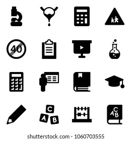 Solid vector icon set - lab vector, bladder, calculator, children road sign, end speed limit, clipboard, presentation board, round flask, book, graduate hat, pencil, abc cube, abacus