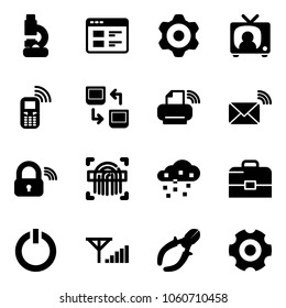Solid vector icon set - lab vector, website, gear, tv news, mobile phone, data exchange, printer wireless, mail, lock, fingerprint scanner, snow, case, standby button, fine signal, side cutters