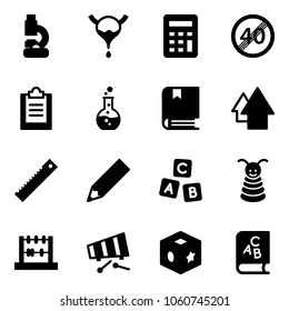 Solid vector icon set - lab vector, bladder, calculator, end speed limit road sign, clipboard, round flask, book, arrow up, ruler, pencil, abc cube, pyramid toy, abacus, xylophone