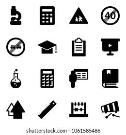 Solid vector icon set - lab vector, calculator, children road sign, end speed limit, overtake, graduate hat, clipboard, presentation board, round flask, book, arrow up, ruler, abacus, xylophone