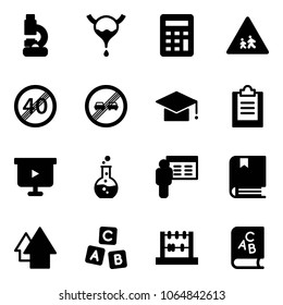 Solid vector icon set - lab vector, bladder, calculator, children road sign, end speed limit, overtake, graduate hat, clipboard, presentation board, round flask, book, arrow up, abc cube, abacus