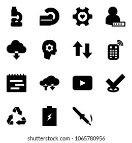 Solid vector icon set - lab vector, mri, heart gear, user password, download cloud, brain work, up down arrows, remote control, terms plan, exchange data, playback, check, recycling, battery