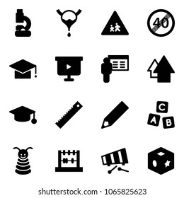 Solid vector icon set - lab vector, bladder, children road sign, end speed limit, graduate hat, presentation board, arrow up, ruler, pencil, abc cube, pyramid toy, abacus, xylophone