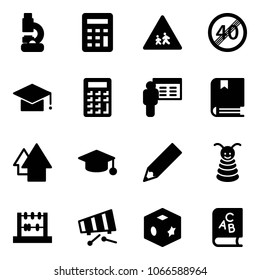 Solid vector icon set - lab vector, calculator, children road sign, end speed limit, graduate hat, presentation, book, arrow up, pencil, pyramid toy, abacus, xylophone, cube, abc