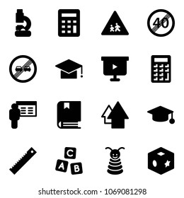 Solid vector icon set - lab vector, calculator, children road sign, end speed limit, overtake, graduate hat, presentation board, book, arrow up, ruler, abc cube, pyramid toy