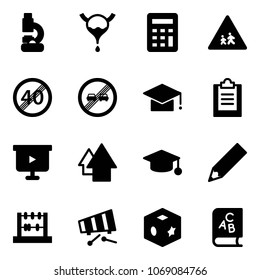 Solid vector icon set - lab vector, bladder, calculator, children road sign, end speed limit, overtake, graduate hat, clipboard, presentation board, arrow up, pencil, abacus, xylophone, cube toy