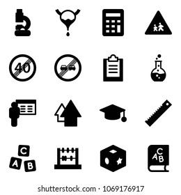 Solid vector icon set - lab vector, bladder, calculator, children road sign, end speed limit, overtake, clipboard, round flask, presentation, arrow up, graduate hat, ruler, abc cube, abacus, toy