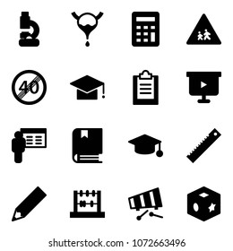 Solid vector icon set - lab vector, bladder, calculator, children road sign, end speed limit, graduate hat, clipboard, presentation board, book, ruler, pencil, abacus, xylophone, cube toy