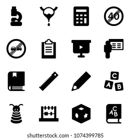 Solid vector icon set - lab vector, bladder, calculator, end speed limit road sign, overtake, clipboard, presentation board, book, ruler, pencil, abc cube, pyramid toy, abacus