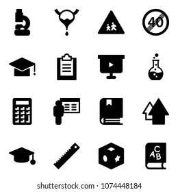 Solid vector icon set - lab vector, bladder, children road sign, end speed limit, graduate hat, clipboard, presentation board, round flask, calculator, book, arrow up, ruler, cube toy, abc