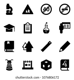 Solid vector icon set - lab vector, children road sign, end speed limit, overtake, graduate hat, clipboard, round flask, presentation, book, arrow up, ruler, pencil, pyramid toy, abacus, cube, abc