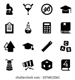 Solid vector icon set - lab vector, bladder, end speed limit road sign, graduate hat, clipboard, round flask, calculator, book, arrow up, ruler, abc cube, pyramid toy, xylophone