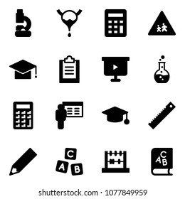 Solid vector icon set - lab vector, bladder, calculator, children road sign, graduate hat, clipboard, presentation board, round flask, ruler, pencil, abc cube, abacus, book