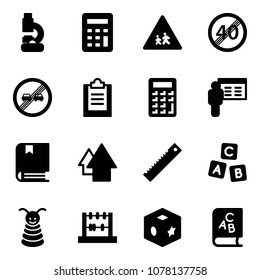 Solid vector icon set - lab vector, calculator, children road sign, end speed limit, overtake, clipboard, presentation, book, arrow up, ruler, abc cube, pyramid toy, abacus