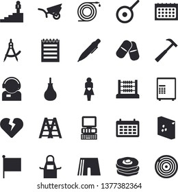 Solid Vector Icon Set - Ladder Flat Vector, Hammer, Teflon, Apron, Groats, Pancakes, Hose, Garden Wheelbarrow, Dividers, Telephone Operator, Flag, Calendar, Pills, Gestation, Abacus, Career, Pen