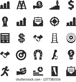 Solid vector icon set - ladder flat vector, Entrance door, horseshoe, chart, dollar, investments, idea, statistics, target, agreement, contract, businessman, career, achievement, run, message