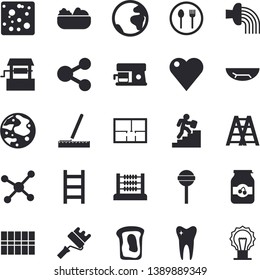 Solid vector icon set - ladder flat vector, paint roller, house layout, measure, tile, coffee machine, table setting, cheese, salad, lollipop, jam, sandwich, well, hose irrigation, molecules, heart