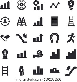 Solid vector icon set - ladder flat vector, Entrance door, horseshoe, target audience, chart, investments, idea, statistics, scatter, statistic, agreement, businessman, pedestal, achievement, run