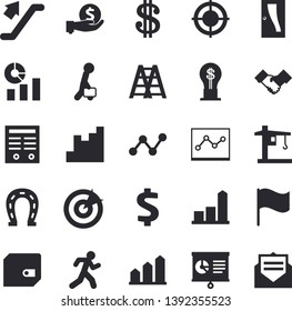 Solid vector icon set - ladder flat vector, Entrance door, horseshoe, crane, chart, dollar, investments, purse, idea, statistics, scatter, flag, point diagram, target, agreement, contract, run