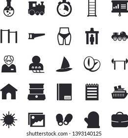 Solid vector icon set - ladder flat vector, potholder, double boiler, coffee beans, saw, sun, chemistry, diagnostics, notebook, notepad, scientist, presentaition board, lunar rover, barbell, house