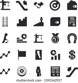 Solid vector icon set - ladder flat vector, Entrance door, horseshoe, crane, chart, dollar, purse, statistics, scatter, flag, target, agreement, contract, businessman, career, medal