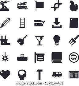 Solid vector icon set - ladder flat vector, hammer, cutting board, piece of cake, cocktail, plum, pitchfork, plug socket, laser, signboard, flag, trucking, thermometer, DNA, book, bulb, Petri dish