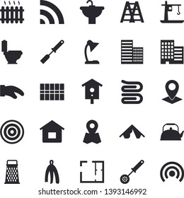 Solid vector icon set - ladder flat vector, sink, toilet, house layout, skyscraper, tile, teapot, potholder, kitchen spatula, spoon, towel, induction cooker, grater, nesting box, crane, radiator