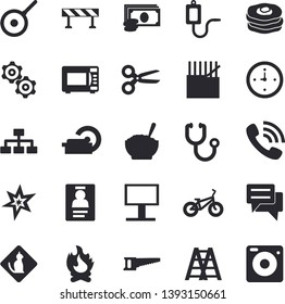 Solid vector icon set - ladder flat vector, barrier, teflon, microwave, porridge, pancakes, saw, bonfire, fabric manufacture, billboard, cash, phone call, chat, medical warmer, stethoscope, clock