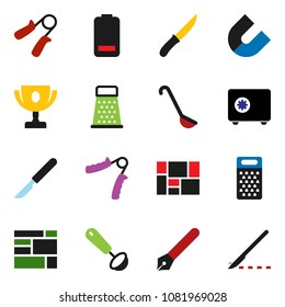 solid vector icon set - ladle vector, knife, grater, pen, award cup, magnet, safe, hand trainer, consolidated cargo, battery, scalpel