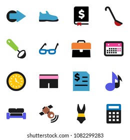 solid vector icon set - ladle vector, glasses, music, case, annual report, snickers, shorts, swimsuit, clock, calendar, satellitie, arrow, cushioned furniture, calculator