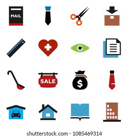 solid vector icon set - ladle vector, book, ruler, money bag, tie, heart cross, document, package, eye, scissors, house, mailbox, garage, sale signboard, building