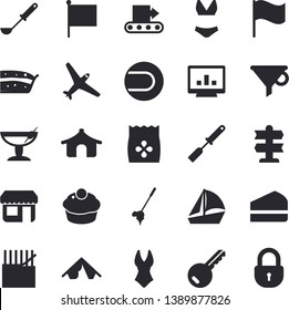 Solid Vector Icon Set - Ladle Flat Vector, Kitchen Spatula, Cupcake, Piece Of Cake, Seeds, Conveyor, Fabric Manufacture, Store Front, Funnel, Flag, Sailboat, Computer Chart, Tennis Ball, Swimsuit